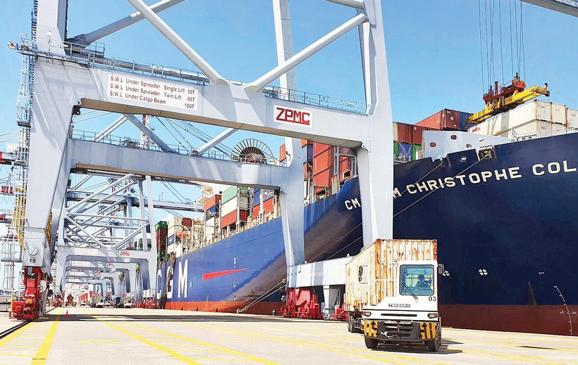 Bốc dỡ hàng hóa tại cảng Cái Mép-Thị Vải, phường Tân Thành, Thành phố Hồ Chí Minh. (Ảnh THẾ ANH)