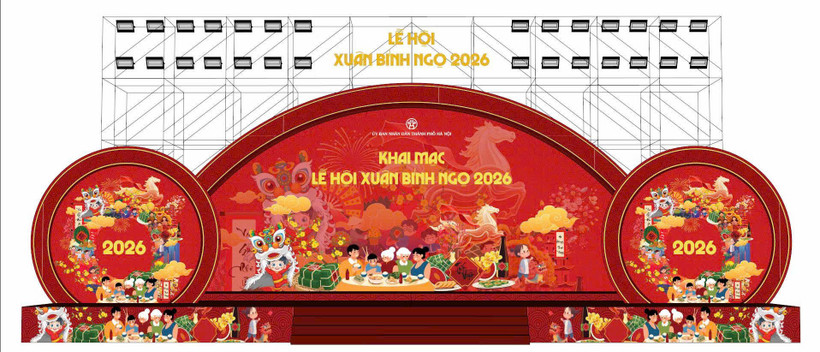 Phối cảnh sân khấu khai mạc Lễ hội Xuân Bính Ngọ 2026 của Hà Nội.