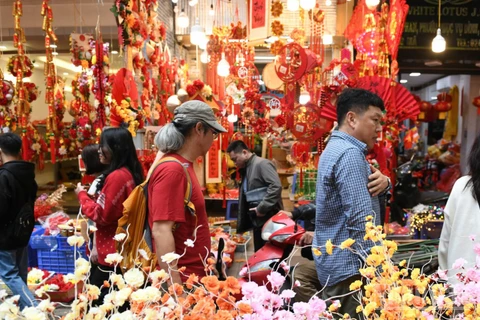 Du khách khám phá phố Hàng Mã (Hà Nội) dịp Tết. (Ảnh: THÀNH ĐẠT)