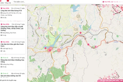 Với bản đồ mai anh đào Đà Lạt số, du khách có thể tra cứu thông tin chính xác về từng địa điểm, trạng thái của từng khu vực hoa nở. (Ảnh chụp màn hình)