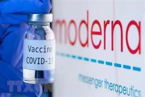 Vaccine ngừa Covid-19 bên biểu tượng của hãng dược phẩm Moderna. (Ảnh: AFP/TTXVN)