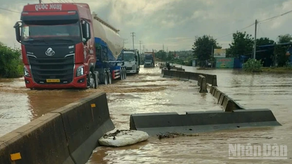 Do mưa lớn, nước ngập trở lại trên Quốc lộ 1 đoạn qua tỉnh Lâm Đồng (Bình Thuận cũ).