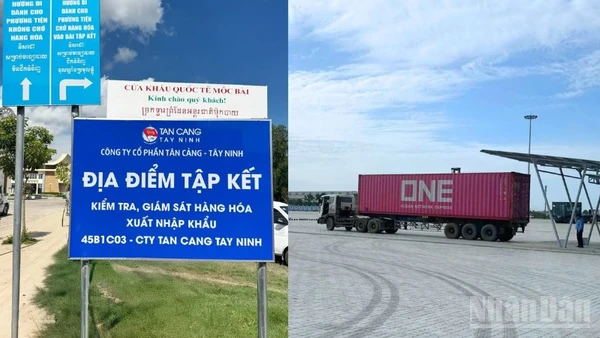 Bảng hiệu phân luồng và điểm tập kết tại khu vực cửa khẩu Quốc tế Mộc Bài. (Ảnh: Tổng Công ty Tân cảng Sài Gòn)