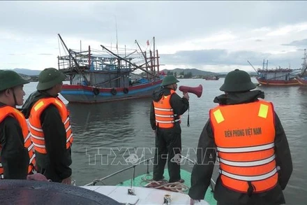 Bộ đội Biên phòng các đồn, trạm tại tỉnh Quảng Trị sắp xếp, kêu gọi tàu thuyền vào bờ tránh, trú bão. (Ảnh: TTXVN)