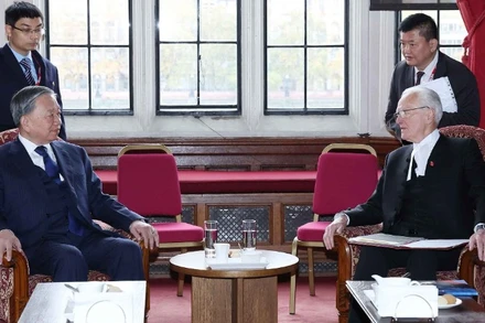 Tổng Bí thư Tô Lâm hội kiến Chủ tịch Thượng viện Anh John McFall, Nam tước McFall xứ Alcluith. (Ảnh: Thống Nhất/TTXVN)