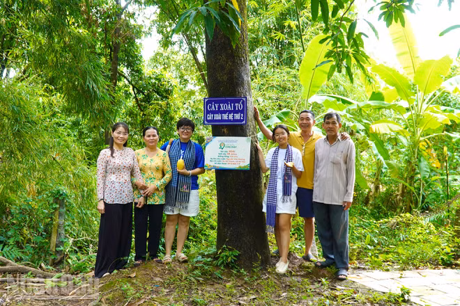 Lãnh đạo xã Mỹ Thọ, tỉnh Đồng Tháp cùng du khách chụp hình lưu niệm tại cây xoài tổ của tỉnh Đồng Tháp.