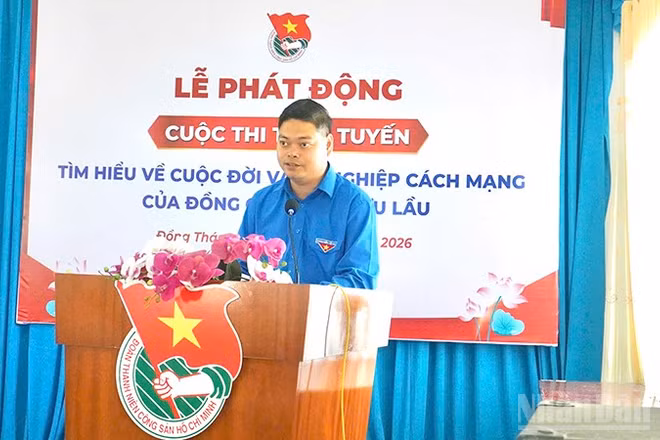 Đồng chí Lê Hoàng Quyết, Bí thư Tỉnh đoàn Đồng Tháp, Trưởng Ban tổ chức cuộc thi phát biểu tại lễ phát động. (Ảnh: HỮU NGHĨA)