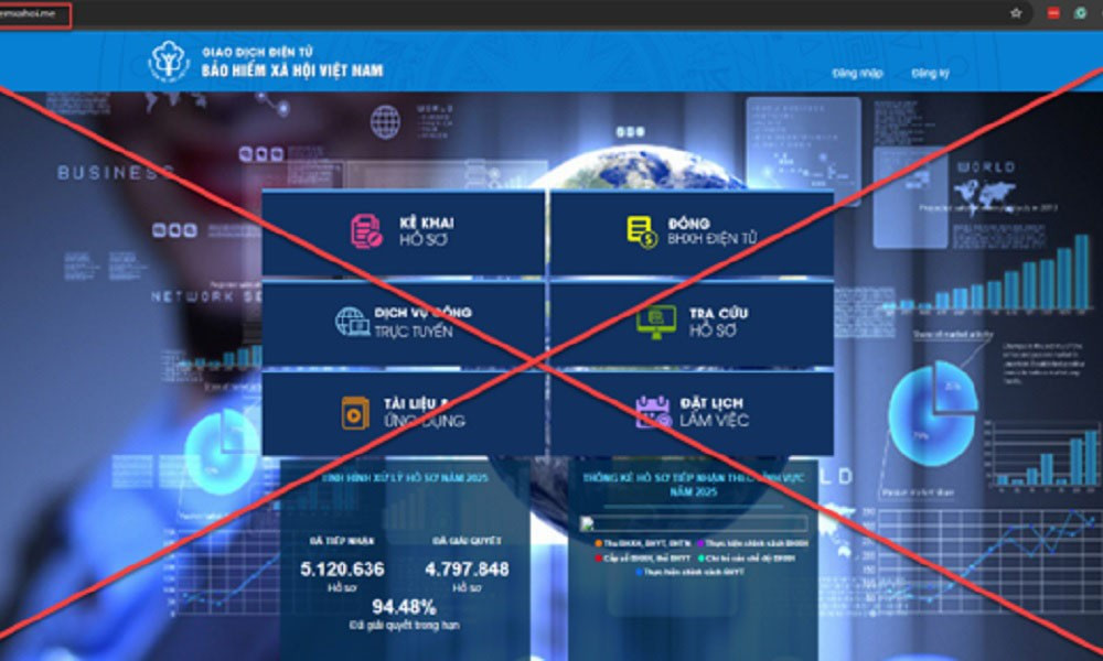 Trang web giả mạo có giao diện tương tự trang chính thức Cổng Dịch vụ công trực tuyến của Bảo hiểm xã hội Việt Nam. (Ảnh: VSS)
