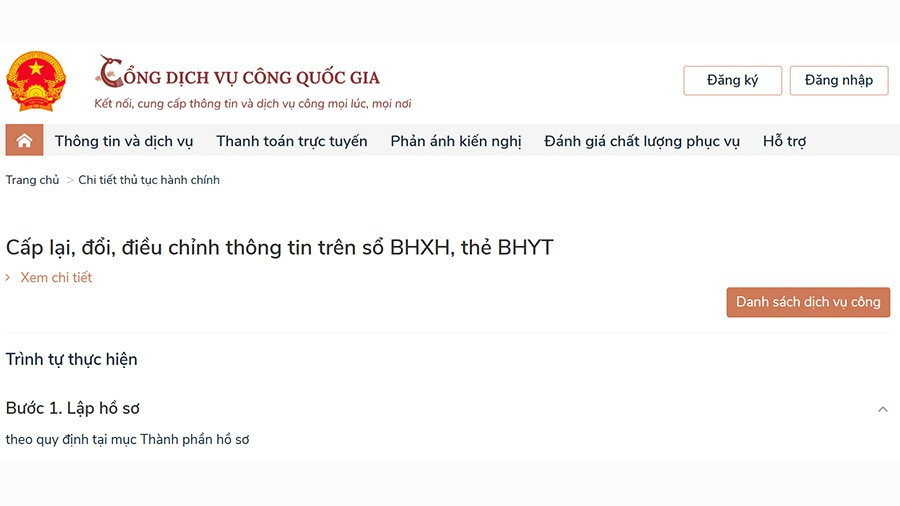 Một dịch vụ công trực tuyến của Bảo hiểm xã hội Việt Nam trên Cổng dịch vụ công quốc gia.