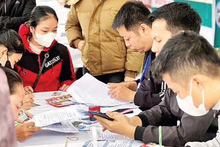 Lao động tìm hiểu về xuất khẩu lao động sang Hàn Quốc tại Ngày hội việc làm trên địa bàn huyện Tương Dương (cũ).