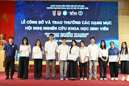Trao thưởng cho các sinh viên Trường đại học Khoa học Xã hội và Nhân văn (Đại học Quốc gia Hà Nội) có thành tích xuất sắc trong nghiên cứu khoa học.