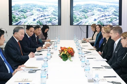 Tổng Bí thư Tô Lâm làm việc với Ban lãnh đạo Đại học Aalto. (Ảnh: Thống Nhất/TTXVN)