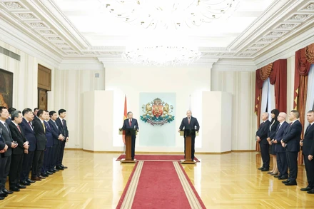 Tổng Bí thư Tô Lâm và Tổng thống Cộng hòa Bulgaria Rumen Radev gặp gỡ báo chí. (Ảnh: Thống Nhất/TTXVN)