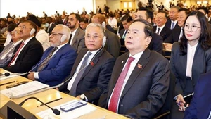 Chủ tịch Quốc hội Trần Thanh Mẫn dự lễ khai mạc Hội nghị các Chủ tịch Quốc hội Thế giới lần thứ 6. (Ảnh: TTXVN)