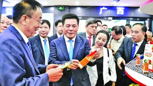 Bộ trưởng Nguyễn Hồng Diên giới thiệu sản phẩm của Việt Nam với đối tác Trung Quốc trong khuôn khổ Lễ hội trái cây Việt Nam lần thứ nhất tại Bắc Kinh, Trung Quốc.