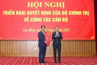 Đồng chí Lê Minh Hưng, Trưởng Ban Tổ chức Trung ương trao quyết định và tặng hoa chúc mừng đồng chí Phan Thăng An.