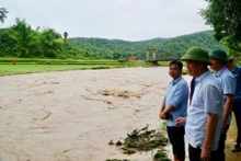 Ông Nguyễn Thái Bình (phía trước, bên phải ảnh) kiểm tra tình hình mưa lũ tại địa bàn. (Ảnh Lan Lê)