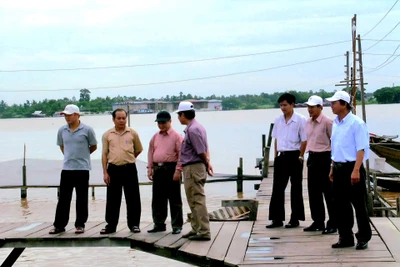 Nhóm nghiên cứu Đại học Kinh tế quốc dân khảo sát mô hình nuôi cá bè trên sông ở Cần Thơ.