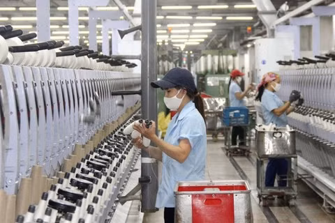 Công nhân Công ty cổ phần Dệt may Hoàng Thị Loan vận hành dây chuyền sản xuất. (Ảnh: MAI HOA)