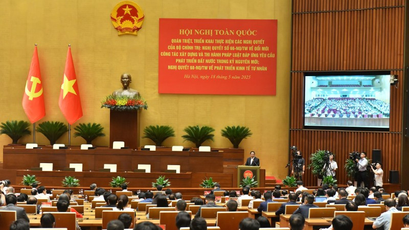Hội nghị toàn quốc quán triệt, triển khai thực hiện Nghị quyết số 66-NQ/TW và Nghị quyết số 68-NQ/TW của Bộ Chính trị. (Ảnh: ĐĂNG KHOA-THÙY CHI)