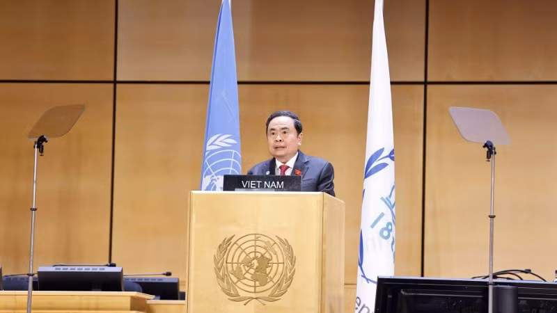 Chủ tịch Quốc hội Trần Thanh Mẫn phát biểu tại Phiên thảo luận chung của Hội nghị các Chủ tịch Quốc hội Thế giới lần thứ 6. (Ảnh: TTXVN)