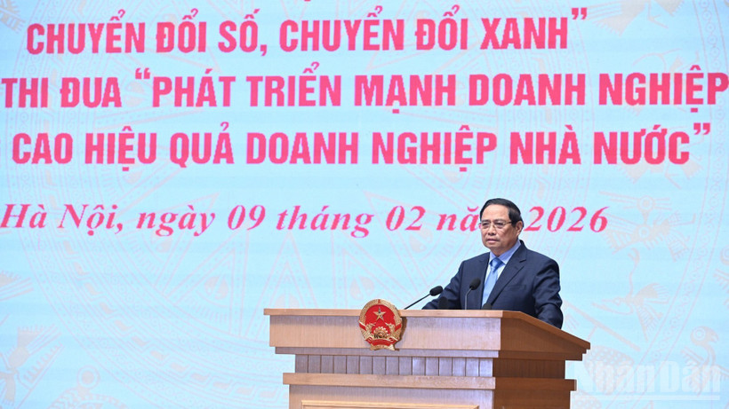 Thủ tướng Chính phủ Phạm Minh Chính phát biểu ý kiến tại lễ phát động hai phong trào thi đua. (Ảnh: TRẦN HẢI)