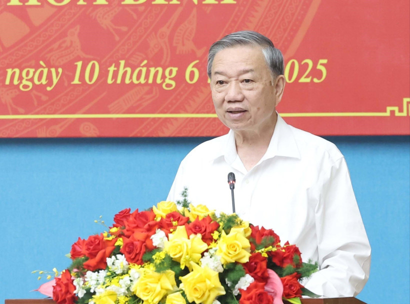 Tổng Bí thư Tô Lâm phát biểu chỉ đạo tại buổi làm việc. (Ảnh: TTXVN)
