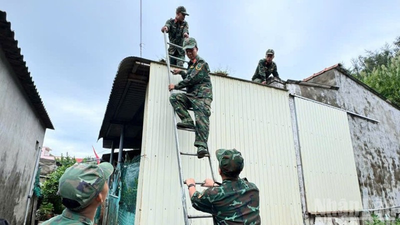 Lực lượng quân đội đóng chân trên địa bàn đặc khu Lý Sơn hỗ trợ người dân chằng chống nhà cửa.