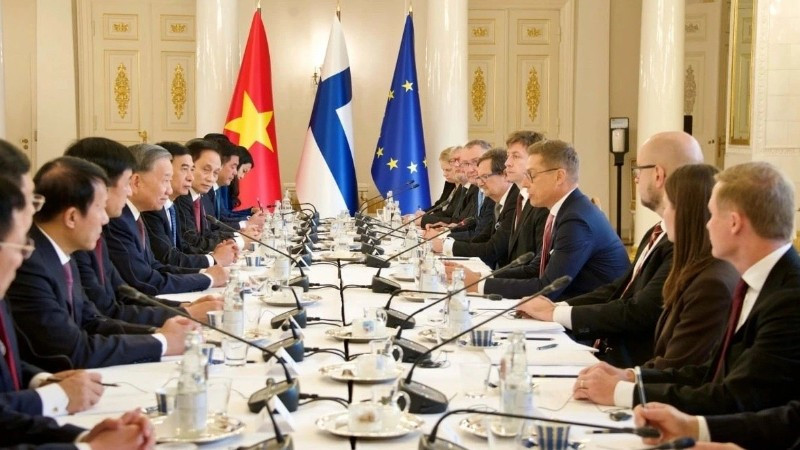 Tổng Bí thư Tô Lâm hội đàm với Tổng thống Tổng thống Phần Lan Alexander Stubb. (Ảnh: VOV)
