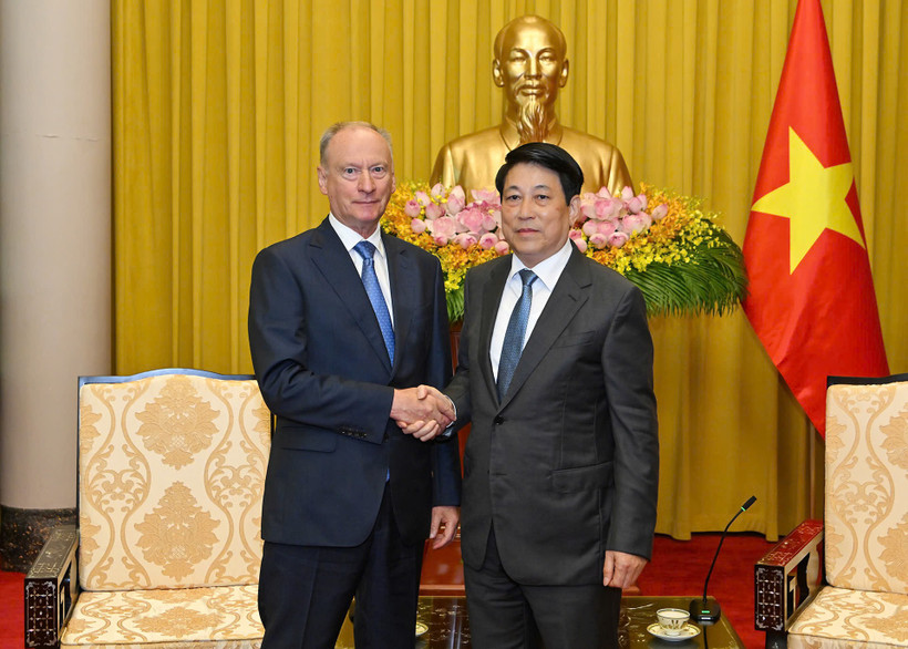 Chủ tịch nước Lương Cường tiếp Trợ lý Tổng thống Nga, Chủ tịch Hội đồng Biển Liên bang Nga Nikolai Patrushev. (Ảnh: Thủy Nguyên)