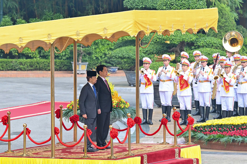 Chủ tịch nước Lương Cường chủ trì lễ đón Quốc vương Brunei thăm cấp Nhà nước tới Việt Nam. (Ảnh: Thủy Nguyên)