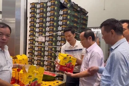 Lãnh đạo Sở Công thương Bắc Ninh kiểm tra lô vải thiều tại sân bay Charles de Gaulle-Paris, Pháp.