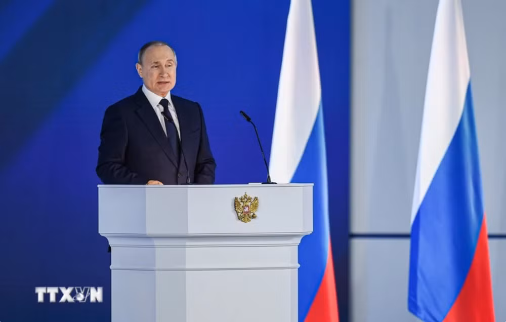 Tổng thống Nga Vladimir Putin phát biểu tại Thủ đô Moskva. (Ảnh: THX/TTXVN)