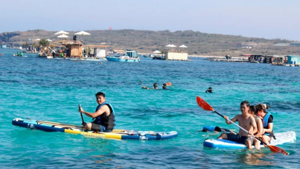 Du khách trải nghiệm lặn biển ngắm san hô, chèo sup tại khu vực Bãi Cạn, Phú Quý. (Ảnh: TTXVN)