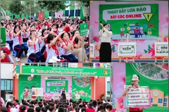 Chương trình giáo dục kỹ năng sống “Thoát bẫy lừa đảo - Bắt cóc online” hưởng ứng chiến dịch "Không Một Mình" của thầy và trò Trường liên cấp Lômônôxốp Tây Hà Nội. (Ảnh: QUANG HUY)