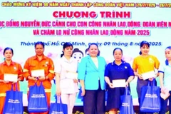 Lãnh đạo Liên đoàn Lao động thành phố trao quà tặng nữ công nhân lao động có hoàn cảnh khó khăn.