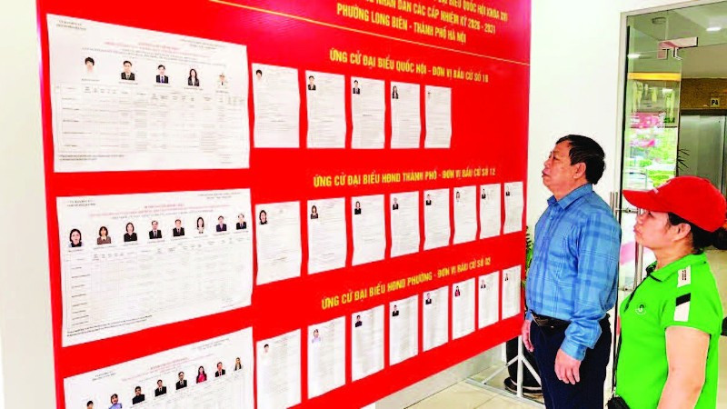 Cử tri phường Long Biên nghiên cứu tiểu sử các ứng cử viên đại biểu Quốc hội khóa XVI và đại biểu Hội đồng nhân dân các cấp nhiệm kỳ 2026-2031.