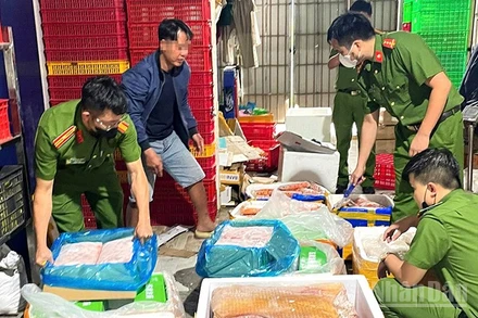 Lực lượng chức năng phát hiện và thu giữ nhiều thực phẩm đông lạnh không có nguồn gốc xuất xứ.