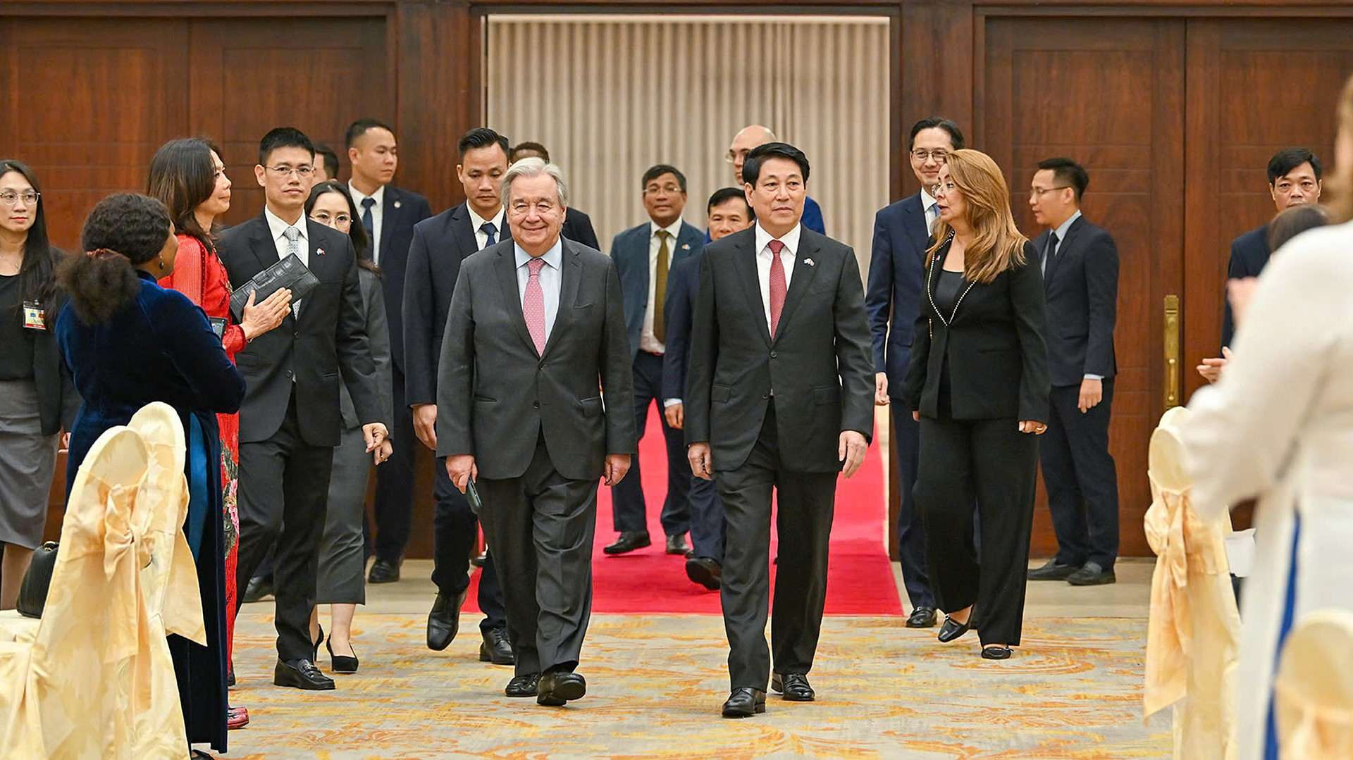 Chủ tịch nước Lương Cường và Tổng Thư ký Liên hợp quốc Antonio Guterres tới dự chiêu đãi.