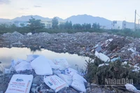 Chất thải xây dựng kèm rác đổ trộm sau trận mưa lớn tại khu vực cạnh nhà máy xử lý nước thải Liên Chiểu.