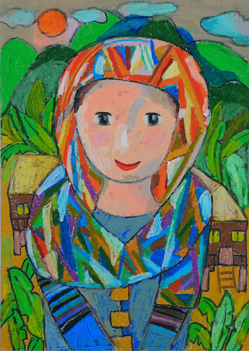 Bức tranh Cô gái dân tộc của em Trương Thủy Tiên (13 tuổi), Trường trung học cơ sở Thanh Mỹ, Sơn Tây, Hà Nội giành giải Nhì.