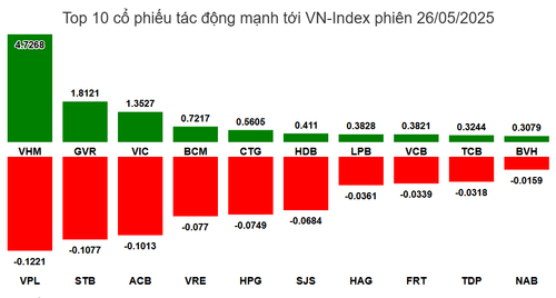 Top 10 cổ phiếu tác động mạnh tới VN-Index phiên ngày 26/5. (Nguồn: VietstockFinance)
