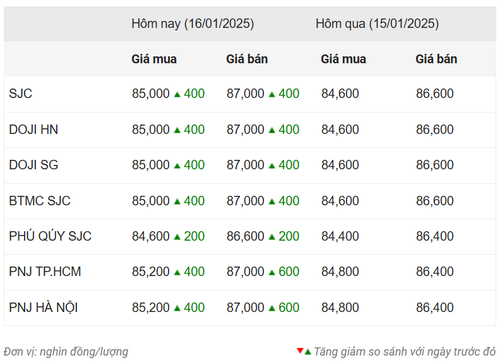 Thống kê giá vàng của Công ty cổ phần Dịch vụ trực tuyến Rồng Việt VDOS - Cập nhật lúc 11 giờ ngày 16/1.