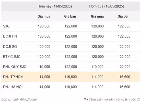 Thống kê giá vàng của Công ty cổ phần Dịch vụ trực tuyến Rồng Việt VDOS - Cập nhật lúc 10 giờ ngày 11/5.