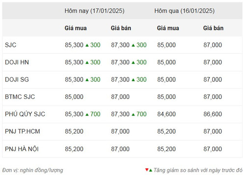 Thống kê giá vàng của Công ty cổ phần Dịch vụ trực tuyến Rồng Việt VDOS - Cập nhật lúc 8 giờ 30 phút ngày 17/1.