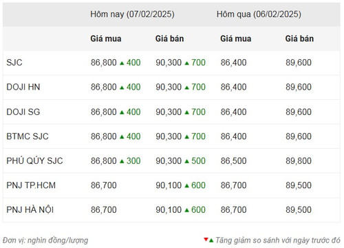 Thống kê giá vàng của Công ty cổ phần Dịch vụ trực tuyến Rồng Việt VDOS - Cập nhật lúc 9 giờ ngày 7/2.