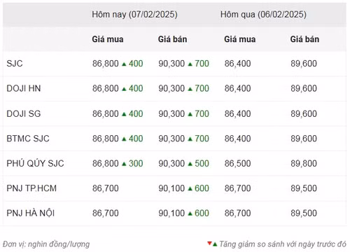 Thống kê giá vàng của Công ty cổ phần Dịch vụ trực tuyến Rồng Việt VDOS - Cập nhật lúc 9 giờ ngày 7/2.
