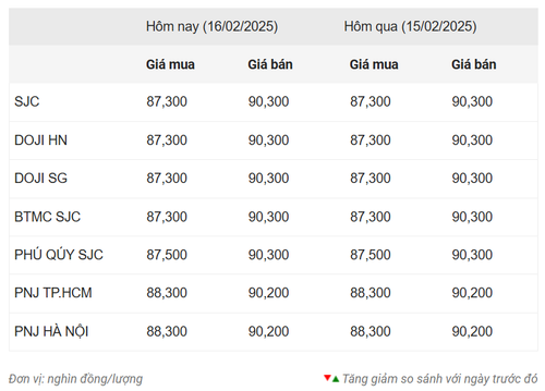 Thống kê giá vàng của Công ty cổ phần Dịch vụ trực tuyến Rồng Việt VDOS - Cập nhật lúc 17 giờ ngày 16/2.