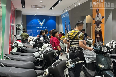 Nhân viên cửa hàng tư vấn cho khách về các mẫu xe điện mới nhất 2026.