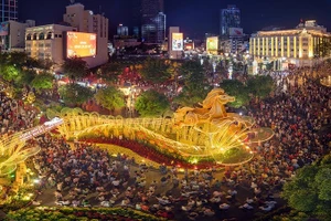 Phối cảnh Đường hoa Nguyễn Huệ rực rỡ trong đêm tối.